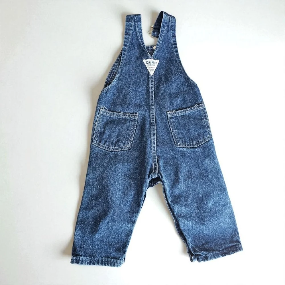Vintage OshKosh B'gosh Denim Overalls, Made in USA, Blue, Paper Tag, 12 Months